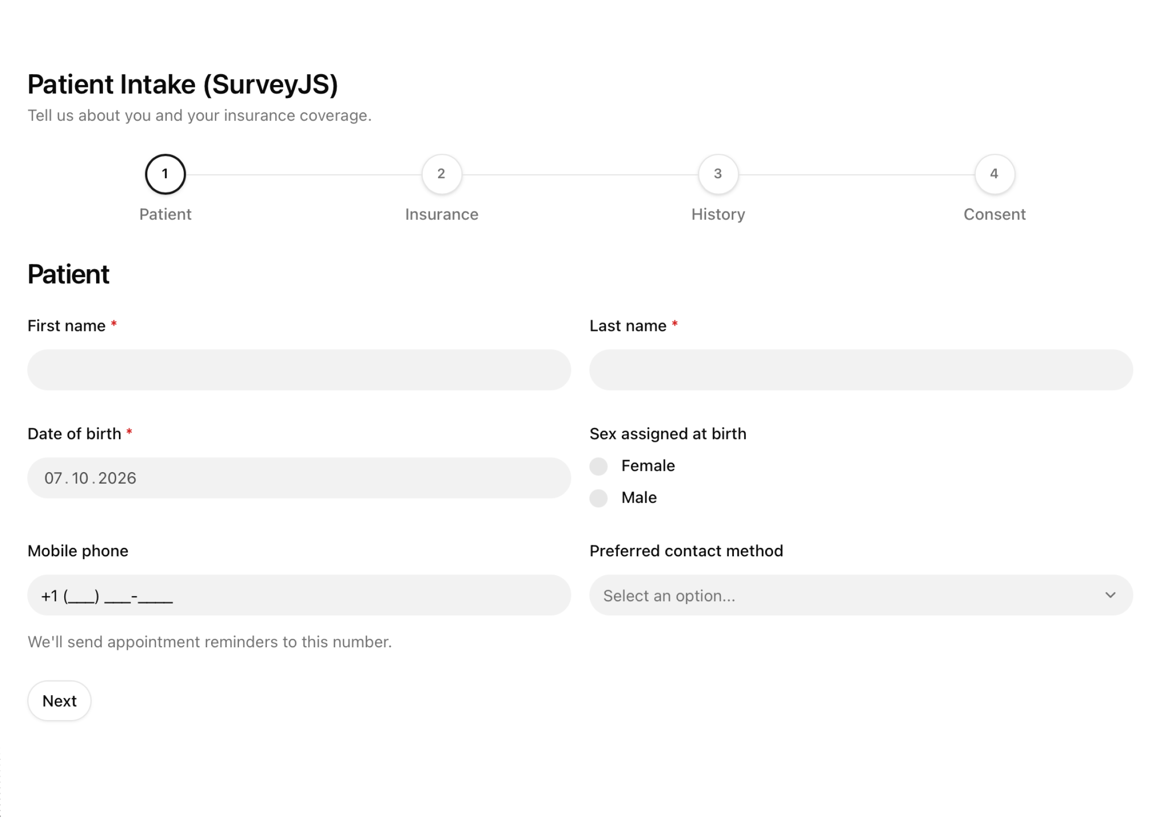 Patient intake form in the Base Luma visual style