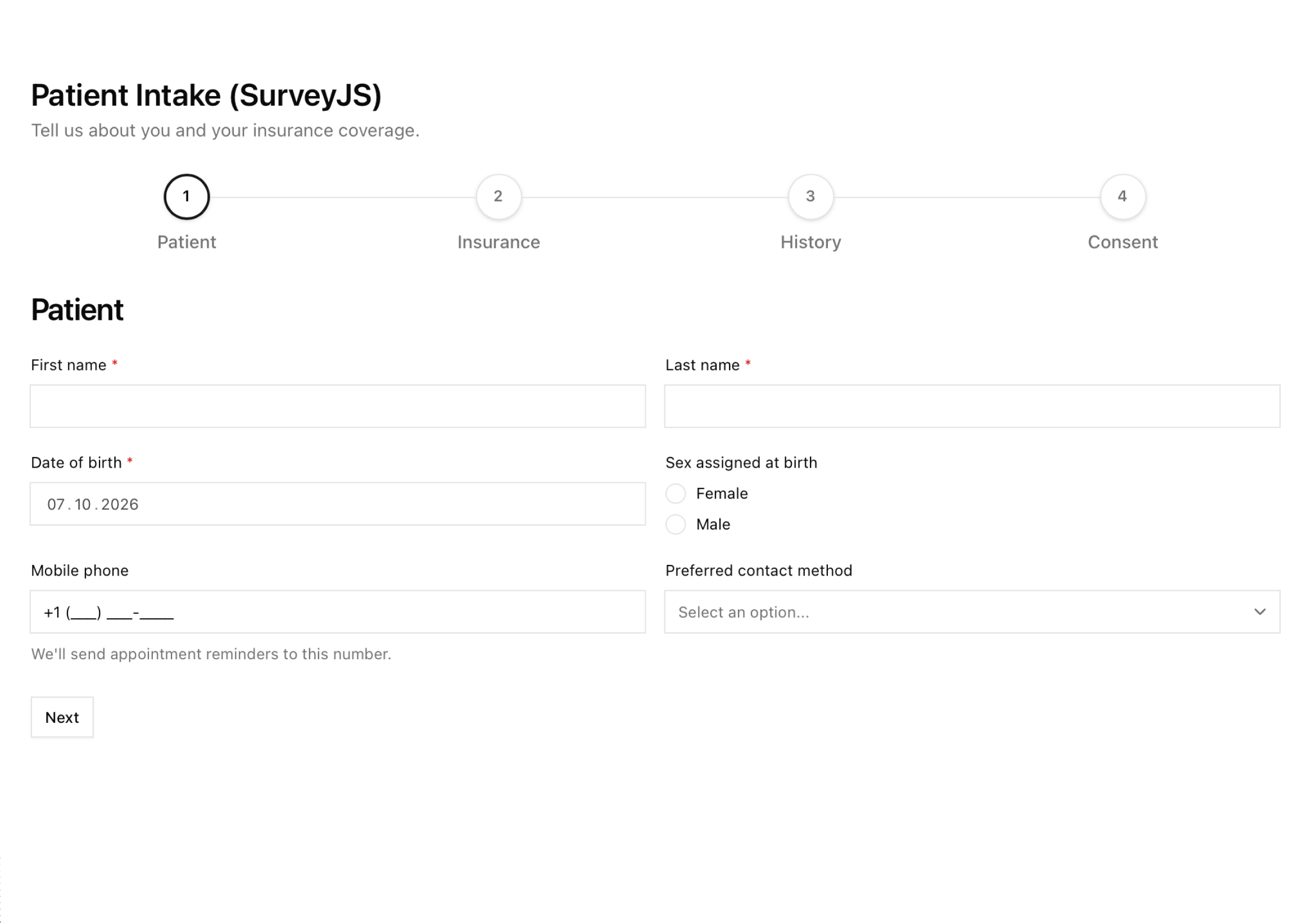 Patient intake form in the Base Lyra visual style