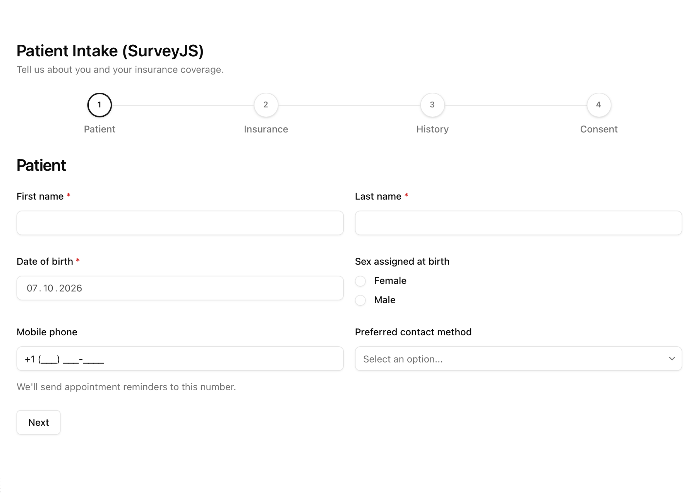 Patient intake form in the New York visual style