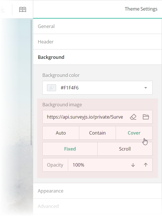 Configure a background image in SurveyJS Theme Editor