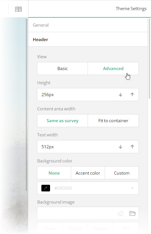 Configure form header in SurveyJS Theme Editor