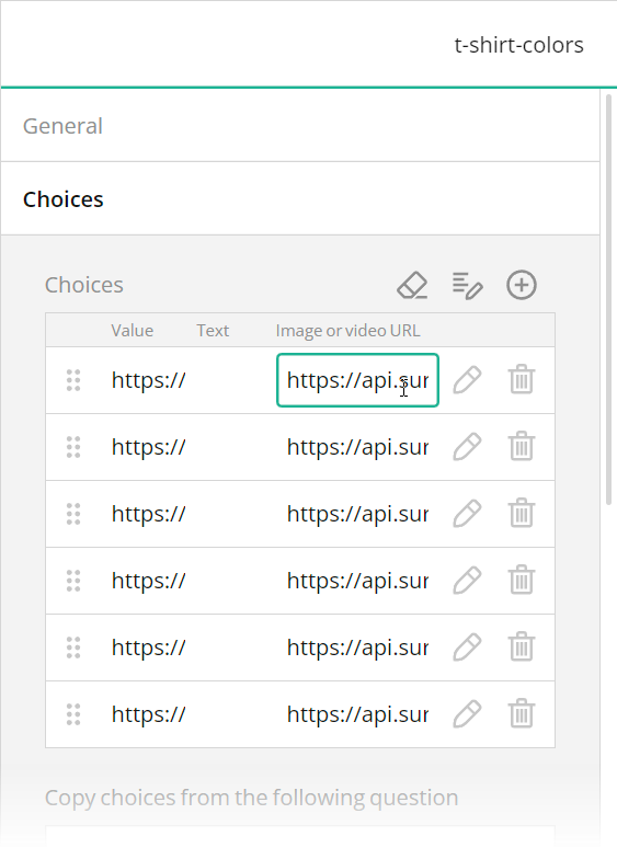 SurveyJS Survey Creator: Specify choice options in an Image Picker question
