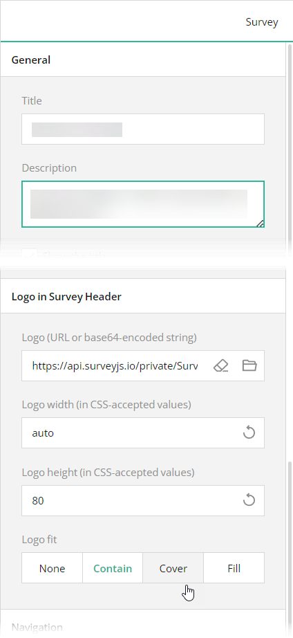Specify title, description, and logo settings in SurveyJS Survey Creator