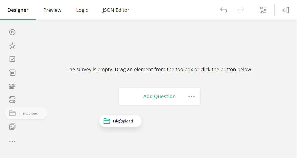 Add a file upload question to your SurveyJS form.