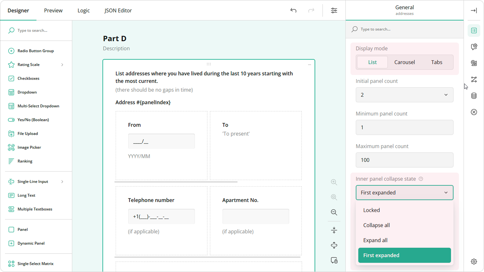 Dynamic Panel display mode: List