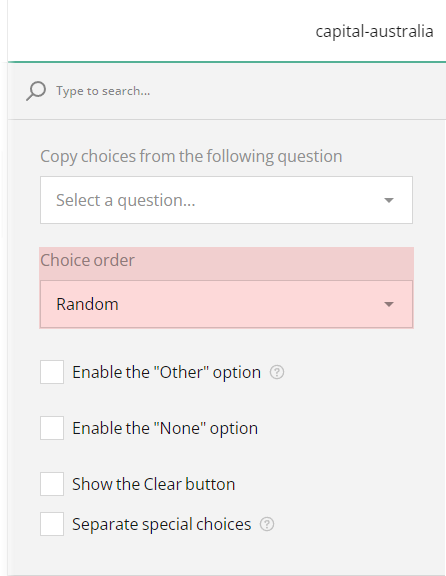 SurveyJS Quiz Maker: Randomize question choice order