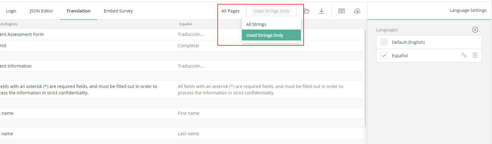 Translation tab: Applying filters to sift out strings to review and modify
