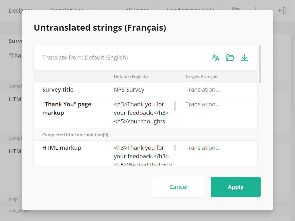 Survey Creator: Enhanced auto-translation dialog UI