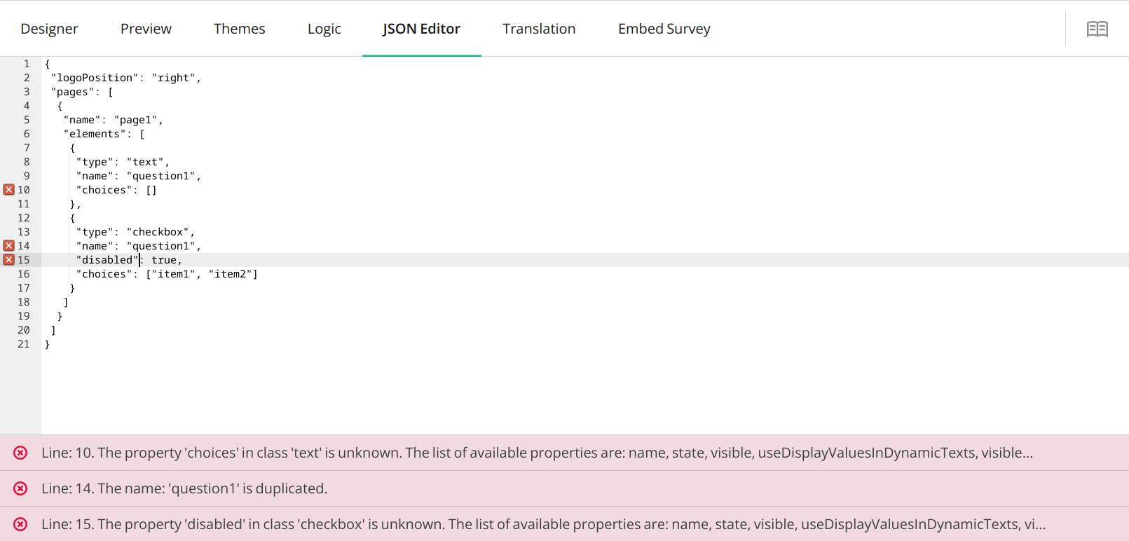 Survey Creator: Error indicators in JSON Editor