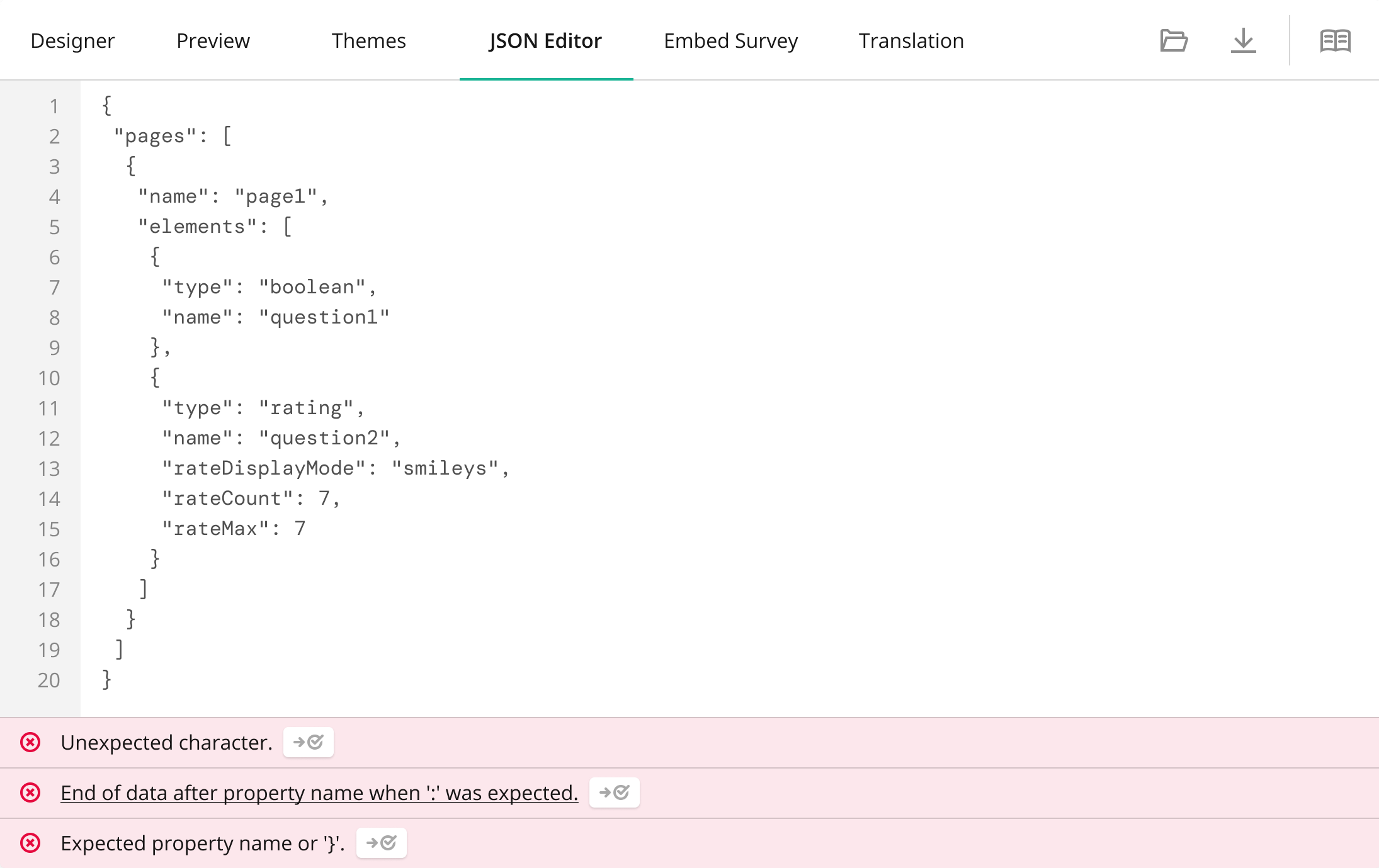 Survey Creator: Quick fix for errors in the JSON Editor tab