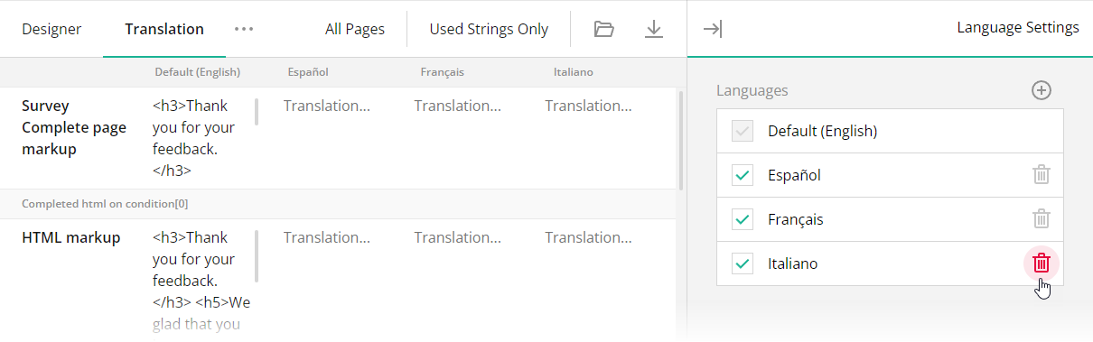 Survey Creator: The Remove button in the Translation tab