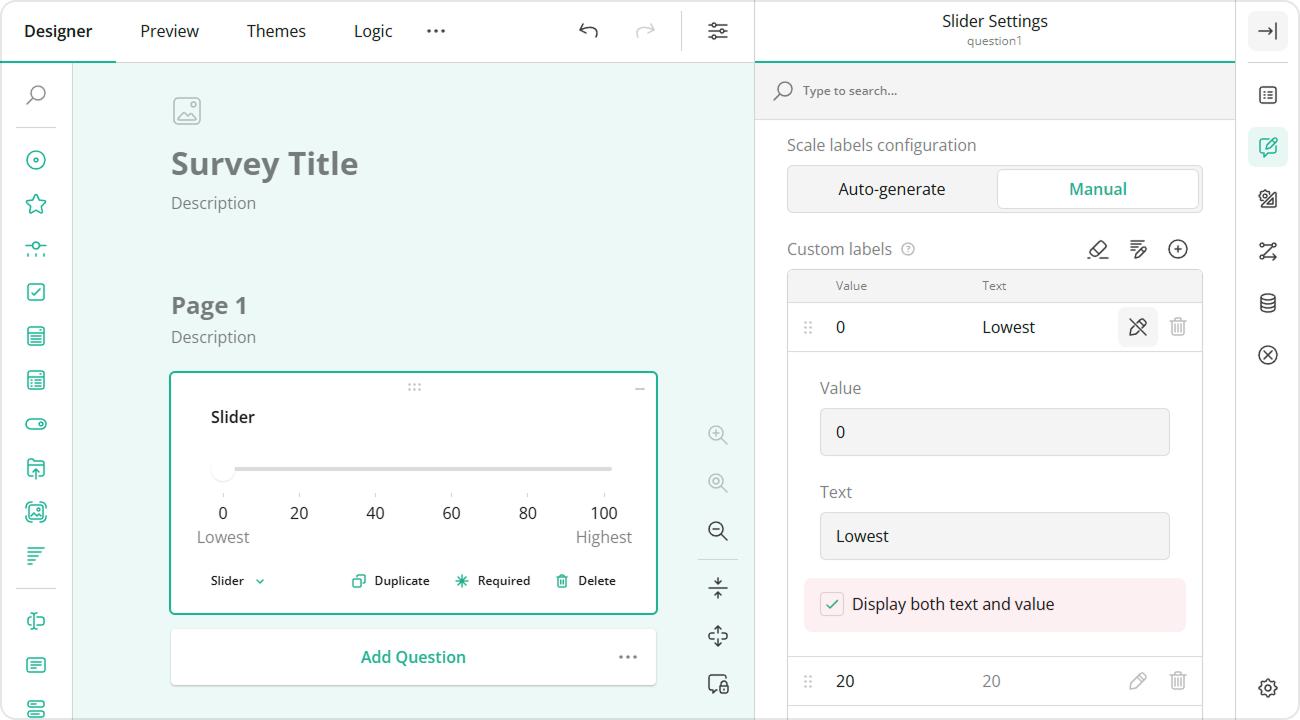 SurveyJS Slider: Custom labels with text and value