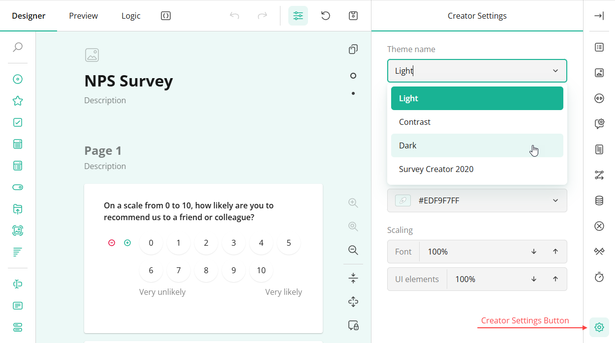 Survey Creator: Predefined themes in a drop-down list