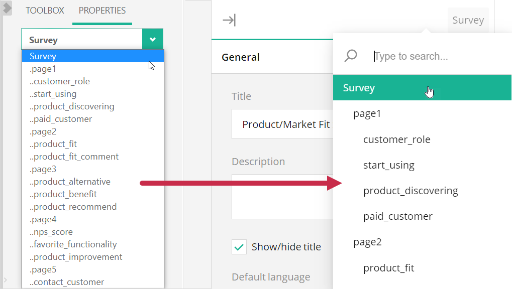 Survey Creator - Element selector in the Property Grid