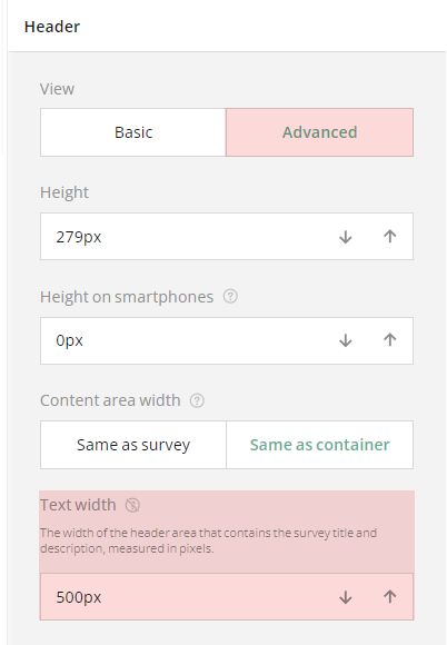 Advanced survey header settings: Header area text width