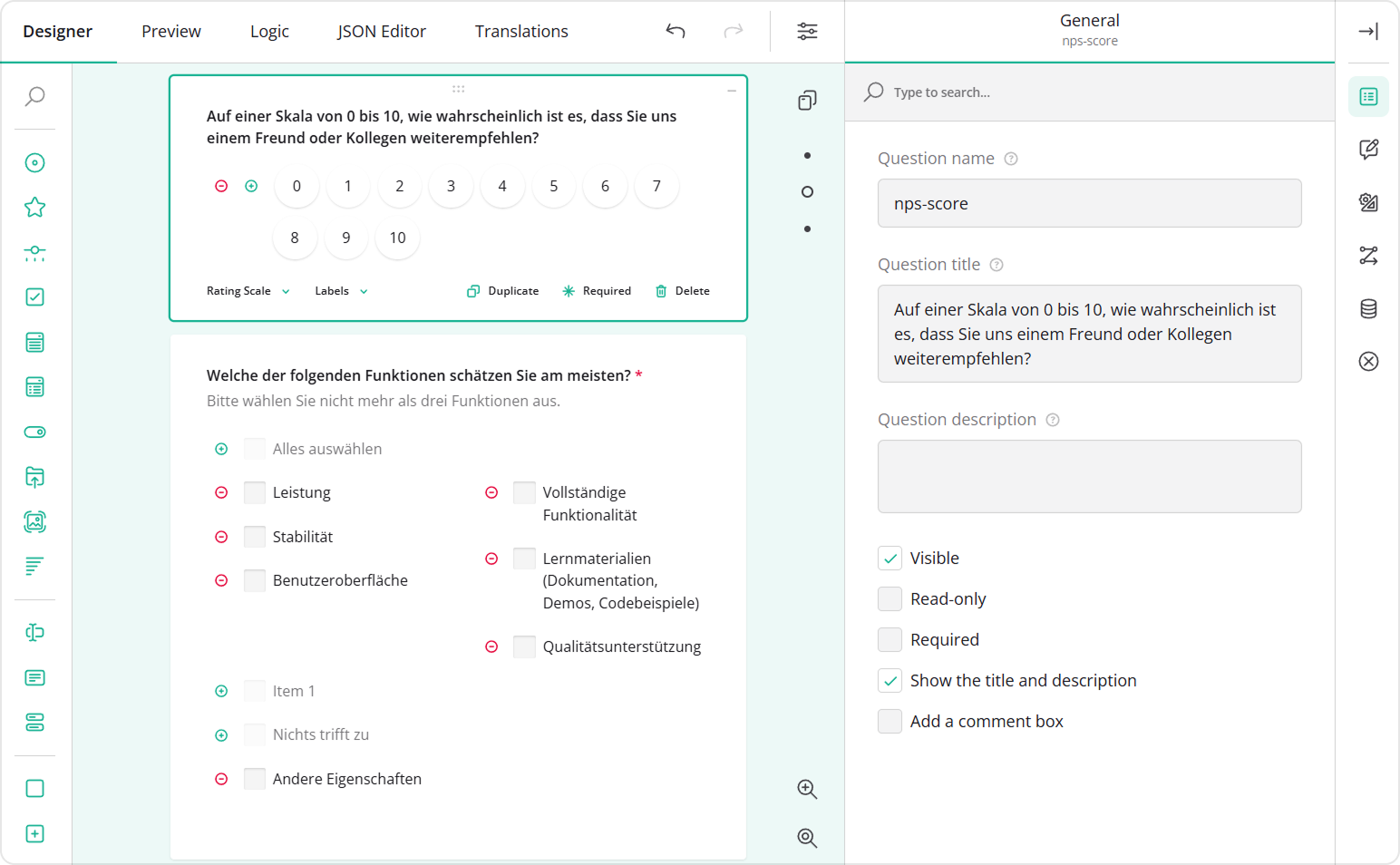 Translating survey elements into German