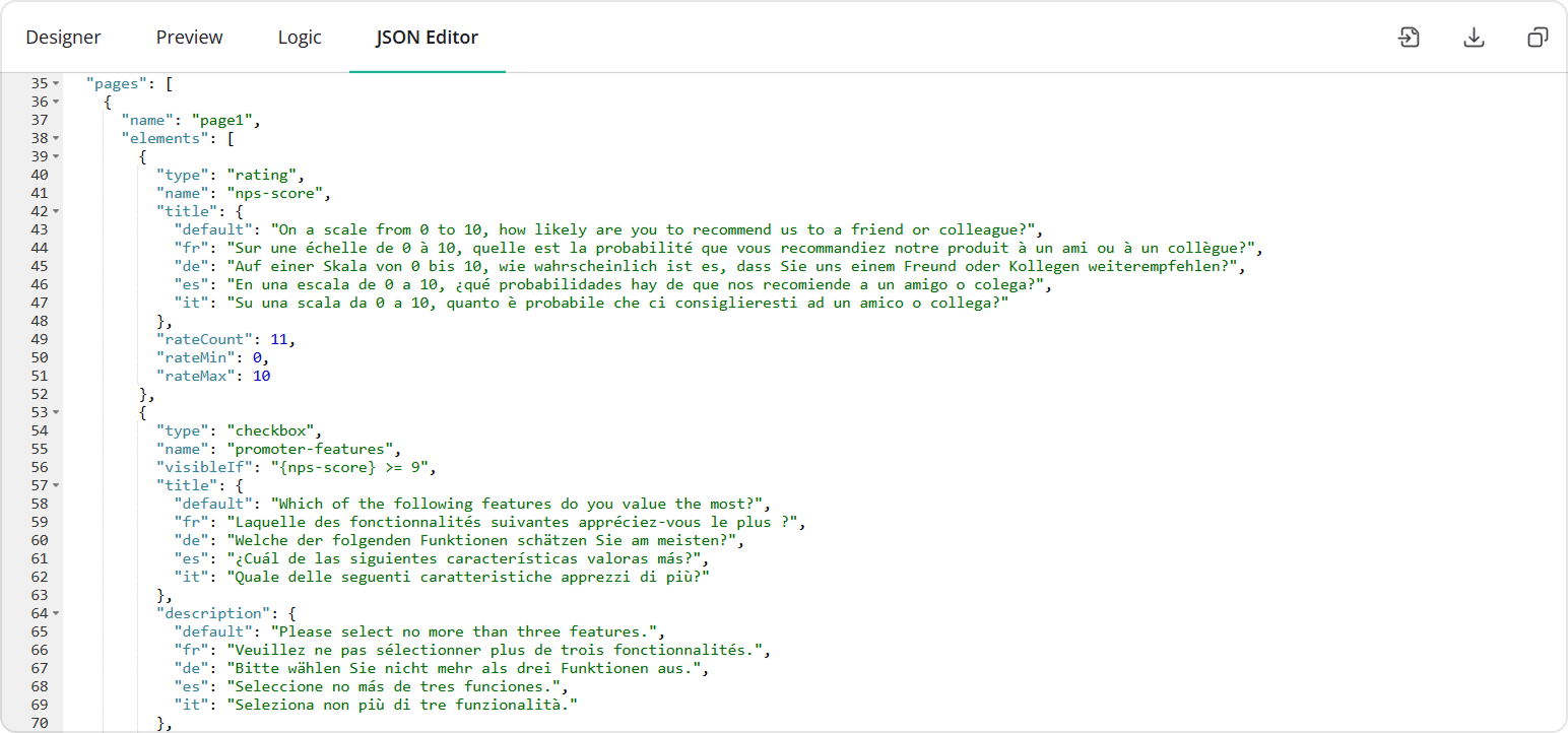 Survey JSON containing translated texts