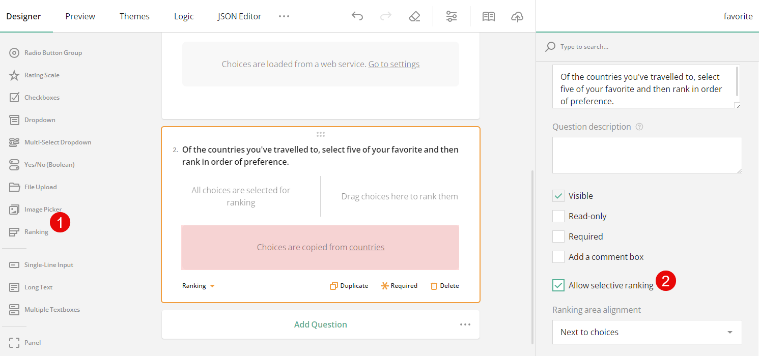 How to carry forward responses to a Ranking question and enable selective ranking