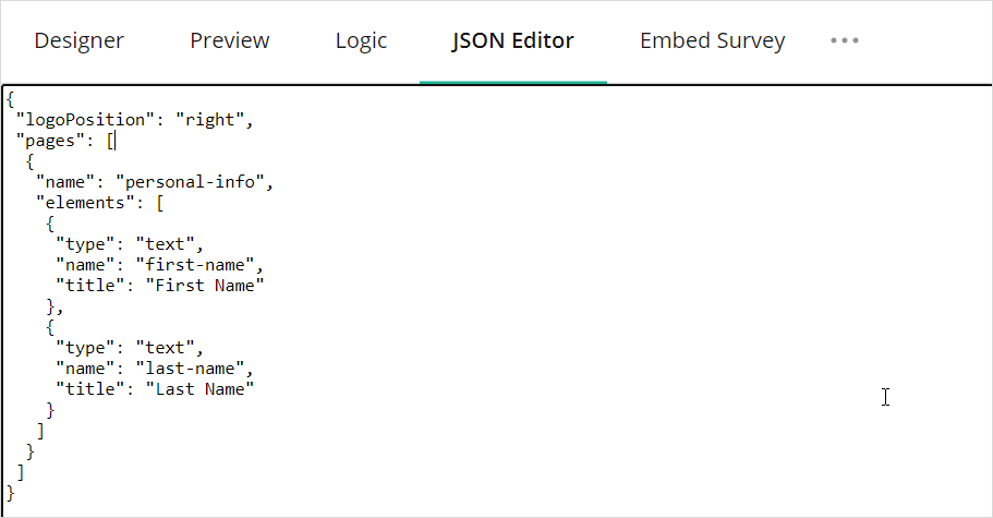 Survey Creator - JSON Editor tab