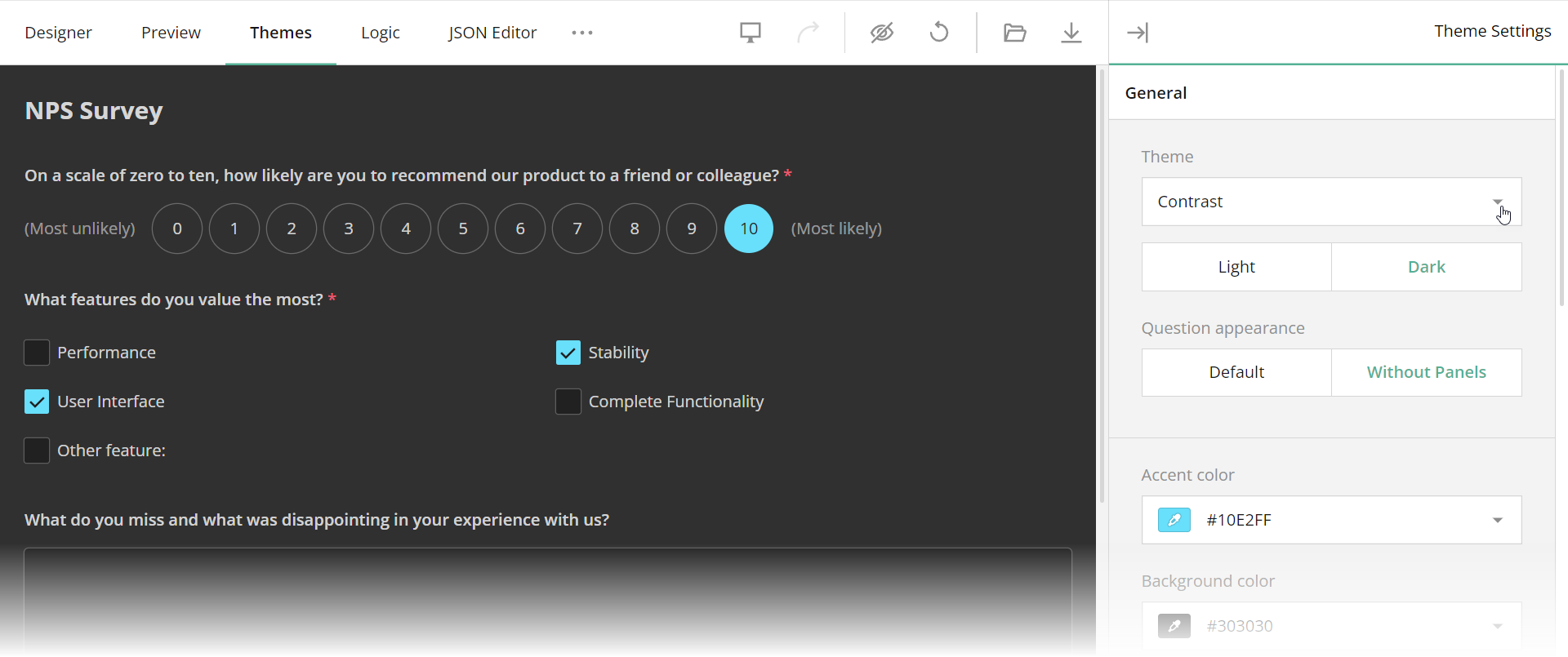 Survey Creator - The Themes tab