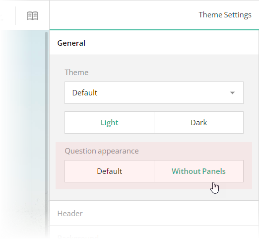 Specify panelless question appearance in SurveyJS Theme Editor