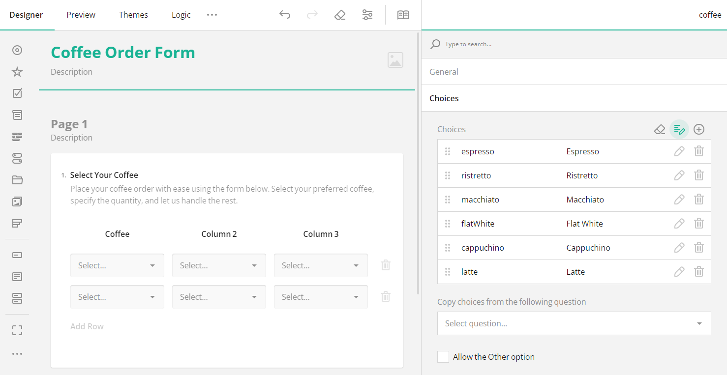 SurveyJS: Configure Dropdown Choices