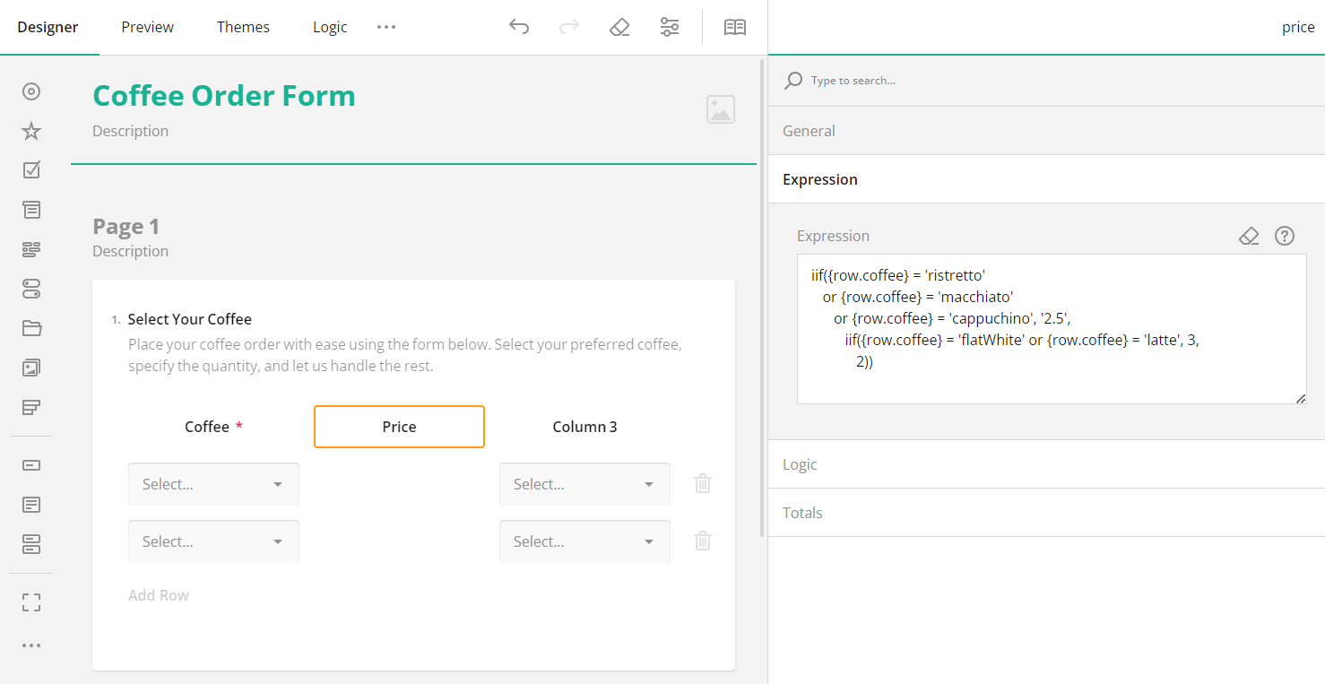 SurveyJS: Configure Expression Column