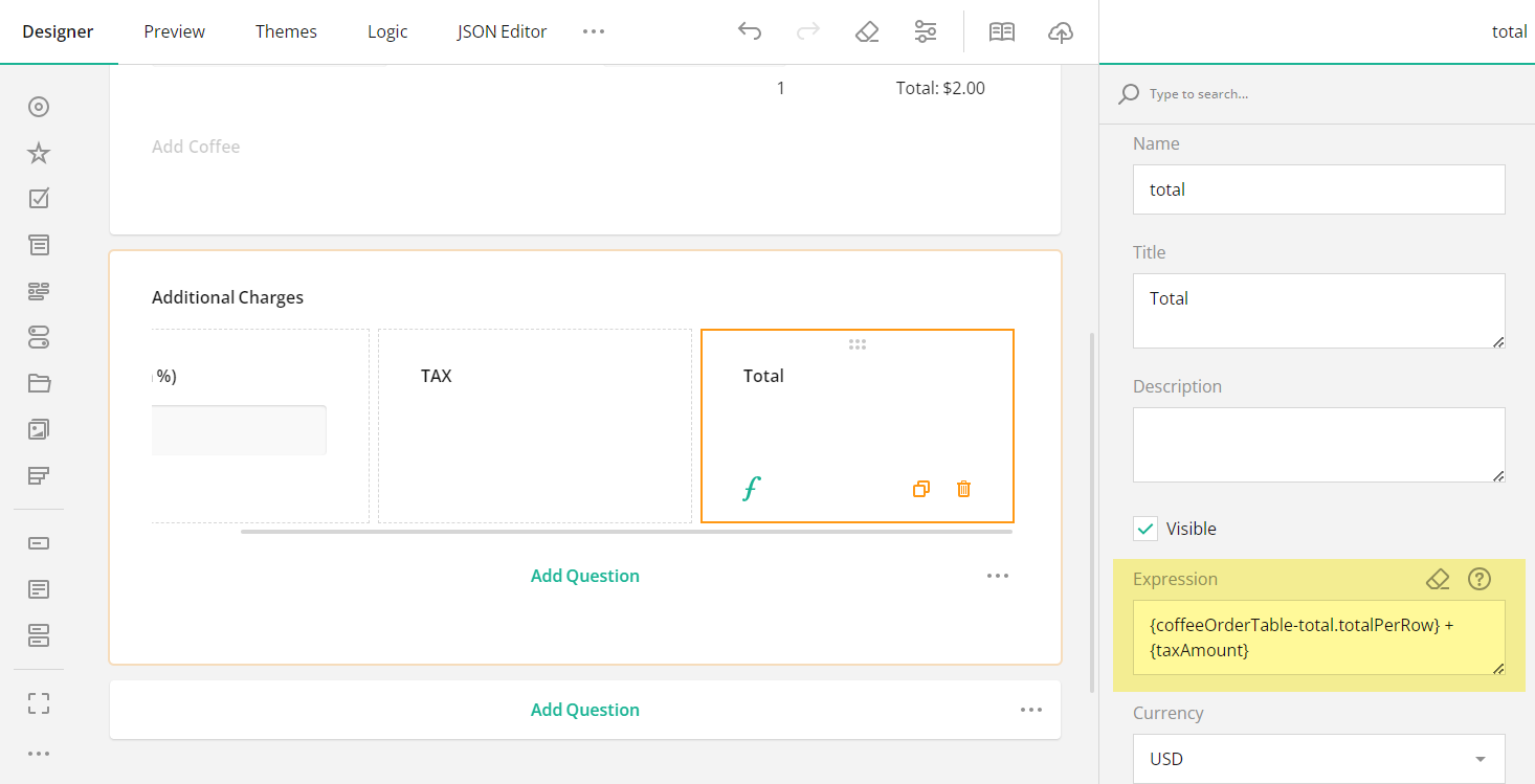 SurveyJS: Setup Total Value Expression