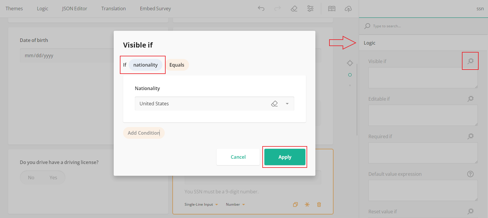 Form builder with conditional logic: field display logic.