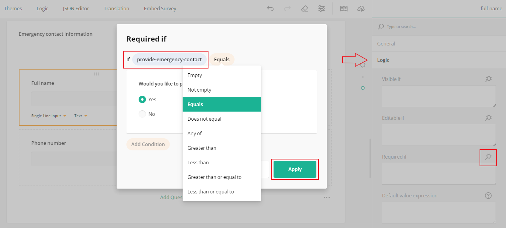 Form builder with conditional logic: field Required if logic.