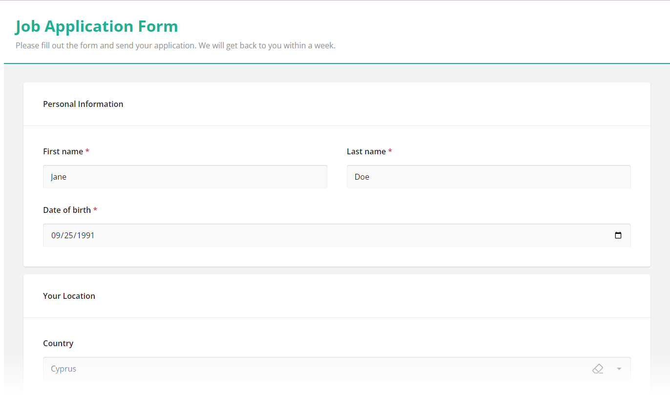 Create an online Job Application Form using a SurveyJS Form Library.