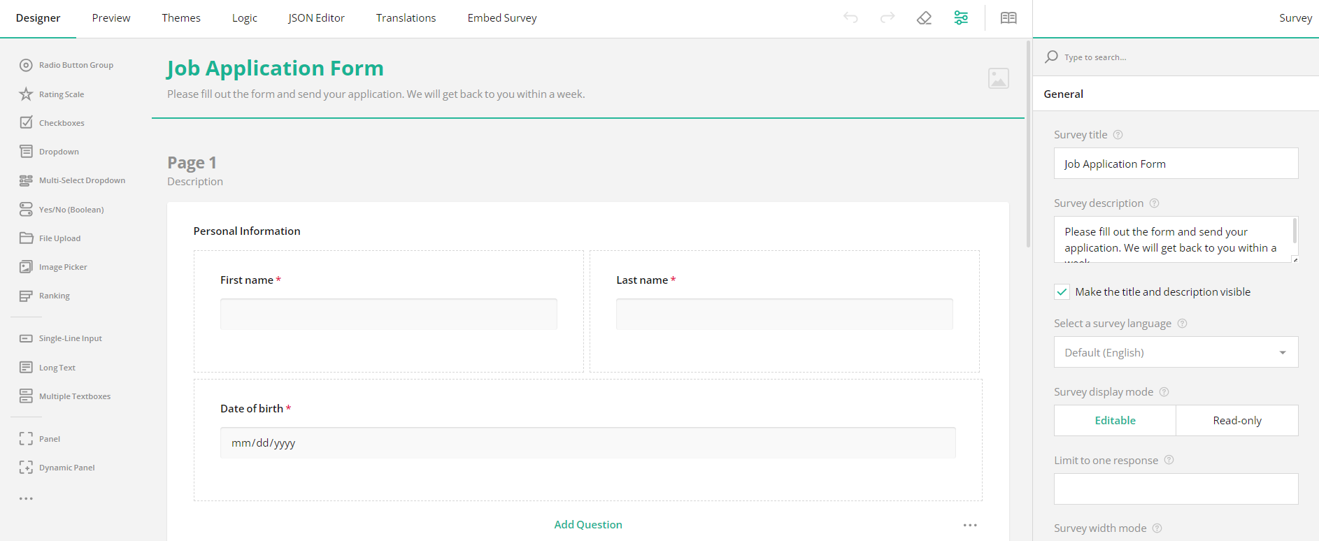 Create a Job Application Form using a SurveyJS Form Builder.