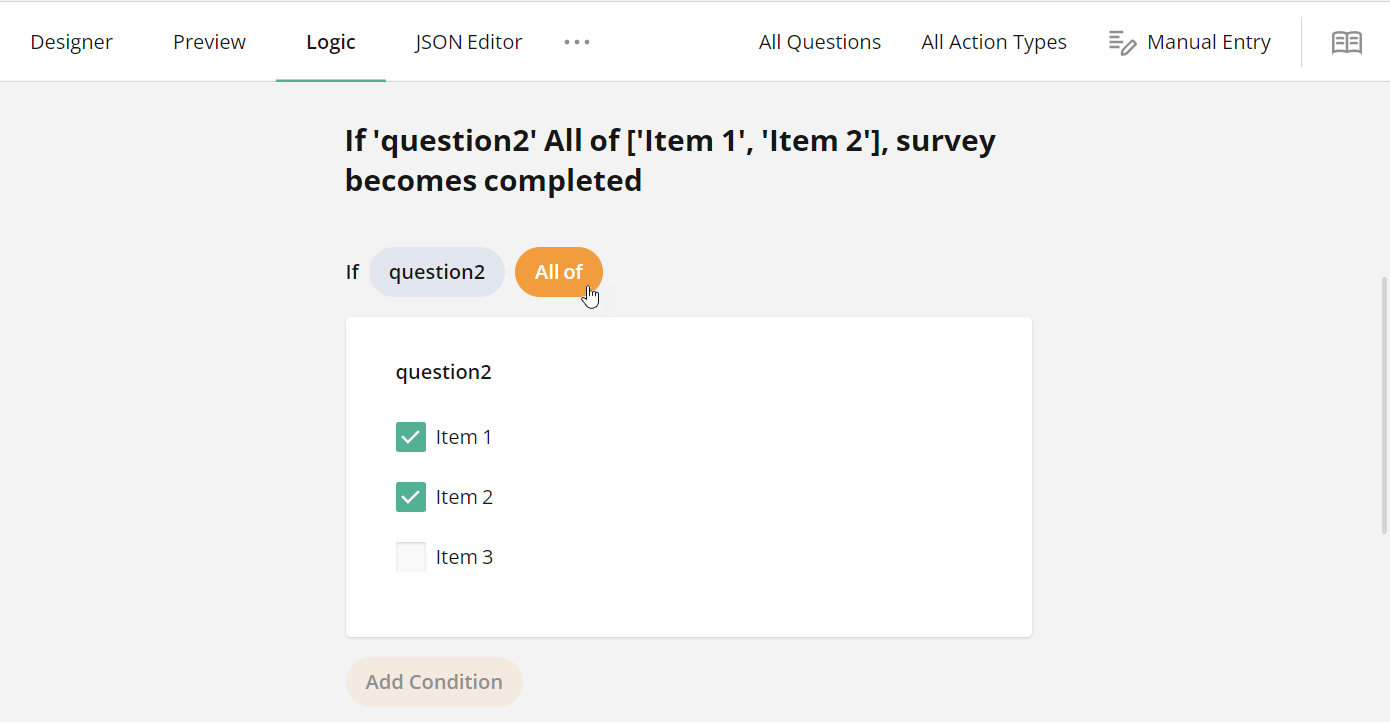 Survey Creator - 'All of' as the default default logic operator for Checkboxes and Multi-Select Dropdowns